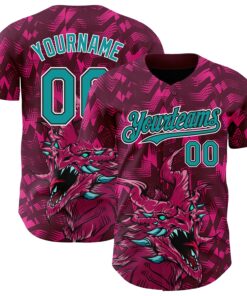 Custom Crimson Teal-Black 3D Pattern Design Animal Dragon Authentic Baseball Jersey