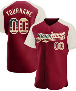 Custom Crimson Vintage USA Flag-Cream Authentic Raglan Sleeves Baseball Jersey