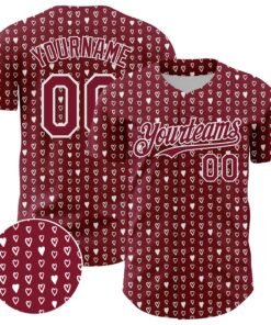 Custom Crimson White 3D Pattern Design Hearts Authentic Baseball Jersey