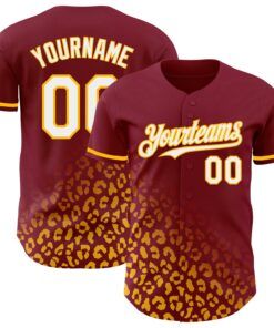 Custom Crimson White-Gold 3D Pattern Design Leopard Print Fade Fashion Authentic Baseball Jersey