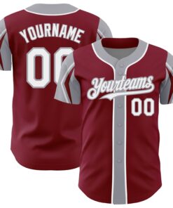 Custom Crimson White-Gray 3 Colors Arm Shapes Authentic Baseball Jersey