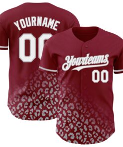 Custom Crimson White-Gray 3D Pattern Design Leopard Print Fade Fashion Authentic Baseball Jersey