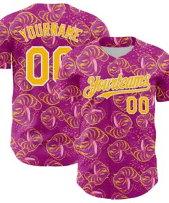 Custom Deep Pink Gold-White 3D Pattern Design Tropical Anthurium Flower Authentic Baseball Jersey