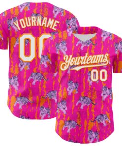 Custom Deep Pink White-Bay Orange 3D Hawaii Tropical Animal Tiger Authentic Baseball Jersey
