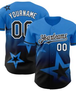 Custom Electric Blue Black-White 3D Pattern Design Gradient Style Twinkle Star Authentic Baseball Jersey