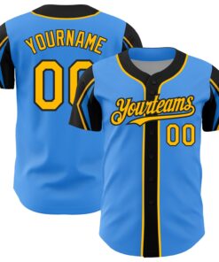 Custom Electric Blue Gold-Black 3 Colors Arm Shapes Authentic Baseball Jersey