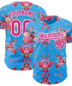 Custom Electric Blue Hot Pink-White 3D Pattern Design Northeast China Big Flower Authentic Baseball Jersey