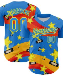 Custom Electric Blue Light Yellow 3D Pattern Design Champion Trophy Authentic Baseball Jersey