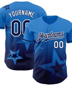 Custom Electric Blue Navy-White 3D Pattern Design Gradient Style Twinkle Star Authentic Baseball Jersey