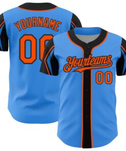 Custom Electric Blue Orange-Black 3 Colors Arm Shapes Authentic Baseball Jersey
