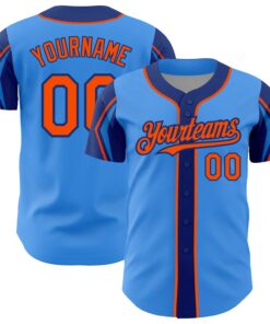 Custom Electric Blue Orange-Royal 3 Colors Arm Shapes Authentic Baseball Jersey