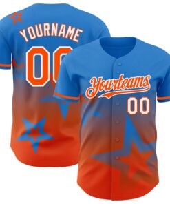 Custom Electric Blue Orange-White 3D Pattern Design Gradient Style Twinkle Star Authentic Baseball Jersey