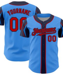 Custom Electric Blue Red-Navy 3 Colors Arm Shapes Authentic Baseball Jersey