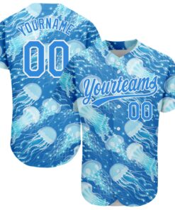 Custom Electric Blue White 3D Pattern Design Jellyfish Authentic Baseball Jersey