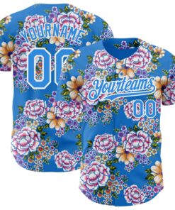 Custom Electric Blue White 3D Pattern Design Northeast China Big Flower Authentic Baseball Jersey