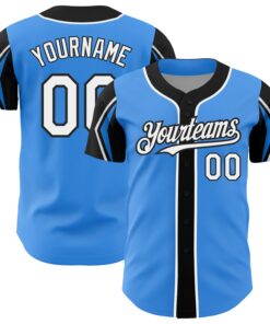 Custom Electric Blue White-Black 3 Colors Arm Shapes Authentic Baseball Jersey