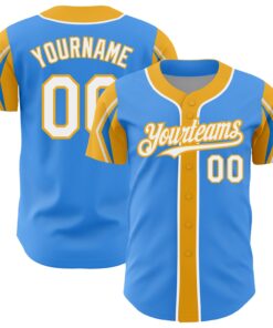 Custom Electric Blue White-Gold 3 Colors Arm Shapes Authentic Baseball Jersey