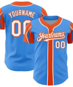 Custom Electric Blue White-Orange 3 Colors Arm Shapes Authentic Baseball Jersey