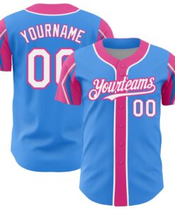 Custom Electric Blue White-Pink 3 Colors Arm Shapes Authentic Baseball Jersey