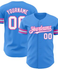 Custom Electric Blue White-Pink Authentic Baseball Jersey