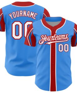 Custom Electric Blue White-Red 3 Colors Arm Shapes Authentic Baseball Jersey