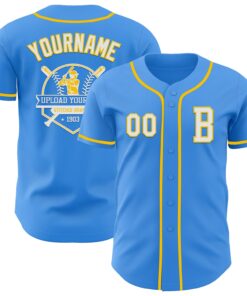 Custom Electric Blue White-Yellow Authentic Baseball Jersey