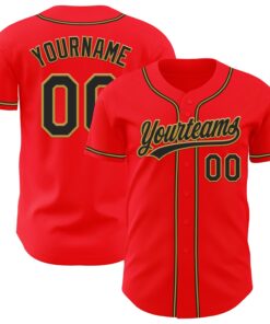 Custom Fire Red Black-Old Gold Authentic Baseball Jersey