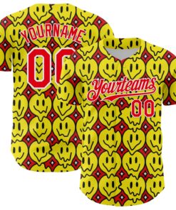 Custom Fire Red White 3D Pattern Design Funny Cartoon Emoji Smile Face Authentic Baseball Jersey