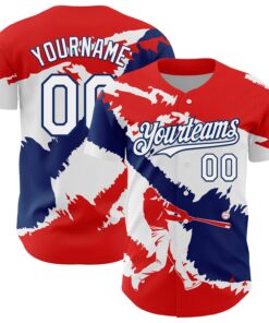 Custom Fire Red White-US Navy Blue 3D Dominican Republic Flag Authentic Baseball Jersey