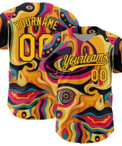 Custom Gold Black 3D Pattern Design Abstract Painting Authentic Baseball Jersey