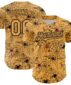 Custom Gold Black 3D Pattern Design Spider Web Authentic Baseball Jersey