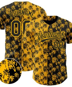 Custom Gold Black 3D Pattern Design Tropical Hawaii Palm Trees Authentic Baseball Jersey