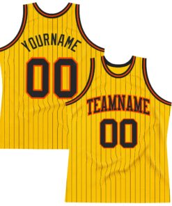 Custom Gold Black Pinstripe Black-Orange Authentic Basketball Jersey