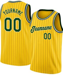 Custom Gold Black Pinstripe Green-Cream Authentic Basketball Jersey
