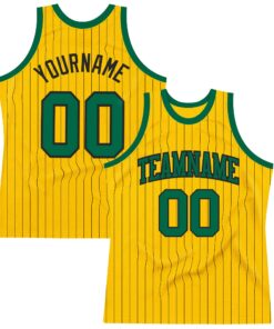 Custom Gold Black Pinstripe Kelly Green Authentic Basketball Jersey