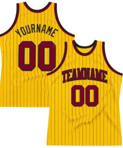 Custom Gold Black Pinstripe Maroon Authentic Basketball Jersey