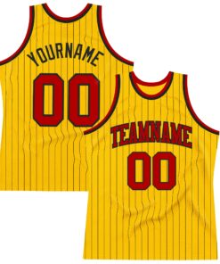 Custom Gold Black Pinstripe Red Authentic Basketball Jersey