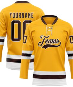 Custom Gold Brown-White Hockey Lace Neck Jersey
