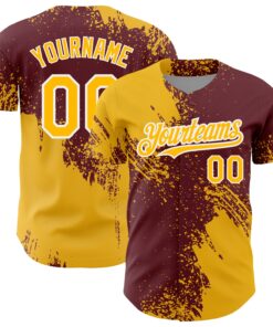 Custom Gold Burgundy-White 3D Pattern Design Abstract Brush Stroke Authentic Baseball Jersey