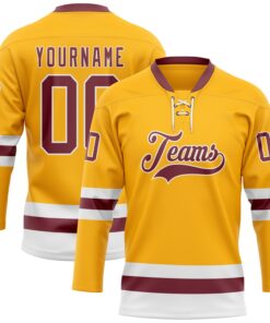 Custom Gold Burgundy-White Hockey Lace Neck Jersey