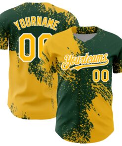 Custom Gold Green-White 3D Pattern Design Abstract Brush Stroke Authentic Baseball Jersey