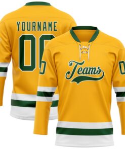 Custom Gold Green-White Hockey Lace Neck Jersey