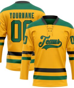 Custom Gold Kelly Green-Black Hockey Lace Neck Jersey