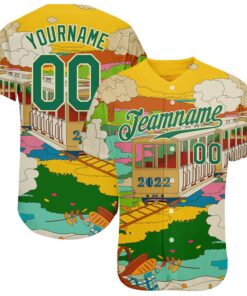 Custom Gold Kelly Green-Cream 3D Pattern Design Train Authentic Baseball Jersey