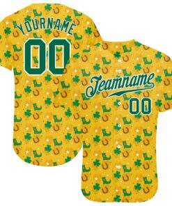 Custom Gold Kelly Green-White 3D Pattern Design Authentic St. Patrick's Day Baseball Jersey