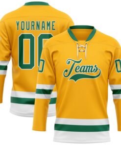 Custom Gold Kelly Green-White Hockey Lace Neck Jersey