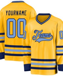 Custom Gold Light Blue-Navy Hockey Jersey