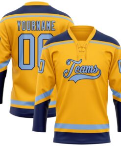 Custom Gold Light Blue-Navy Hockey Lace Neck Jersey