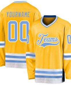 Custom Gold Light Blue-White Hockey Jersey