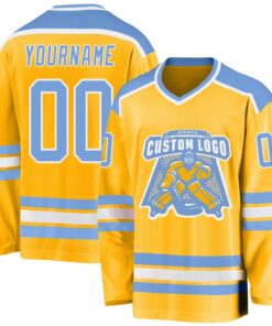 Custom Gold Light Blue-White Hockey Jersey